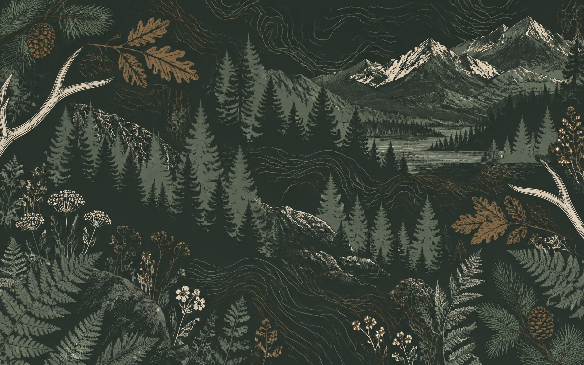 Illustrated mountain wilderness with pines, wildflowers, and antler details